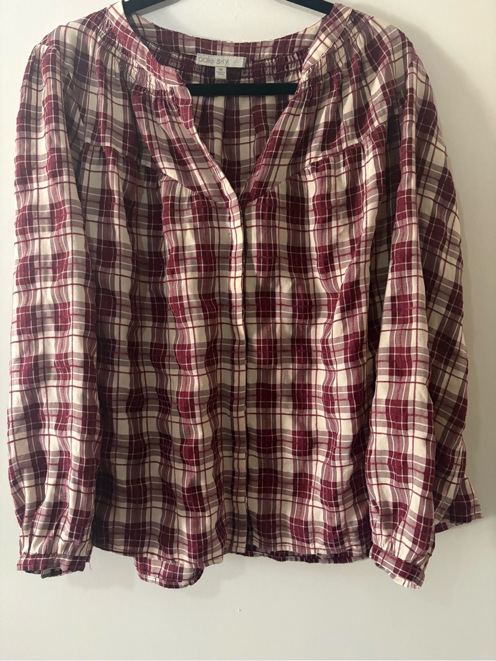 Pleated Burgundy Plaid Button-Down Women’s Shirt by